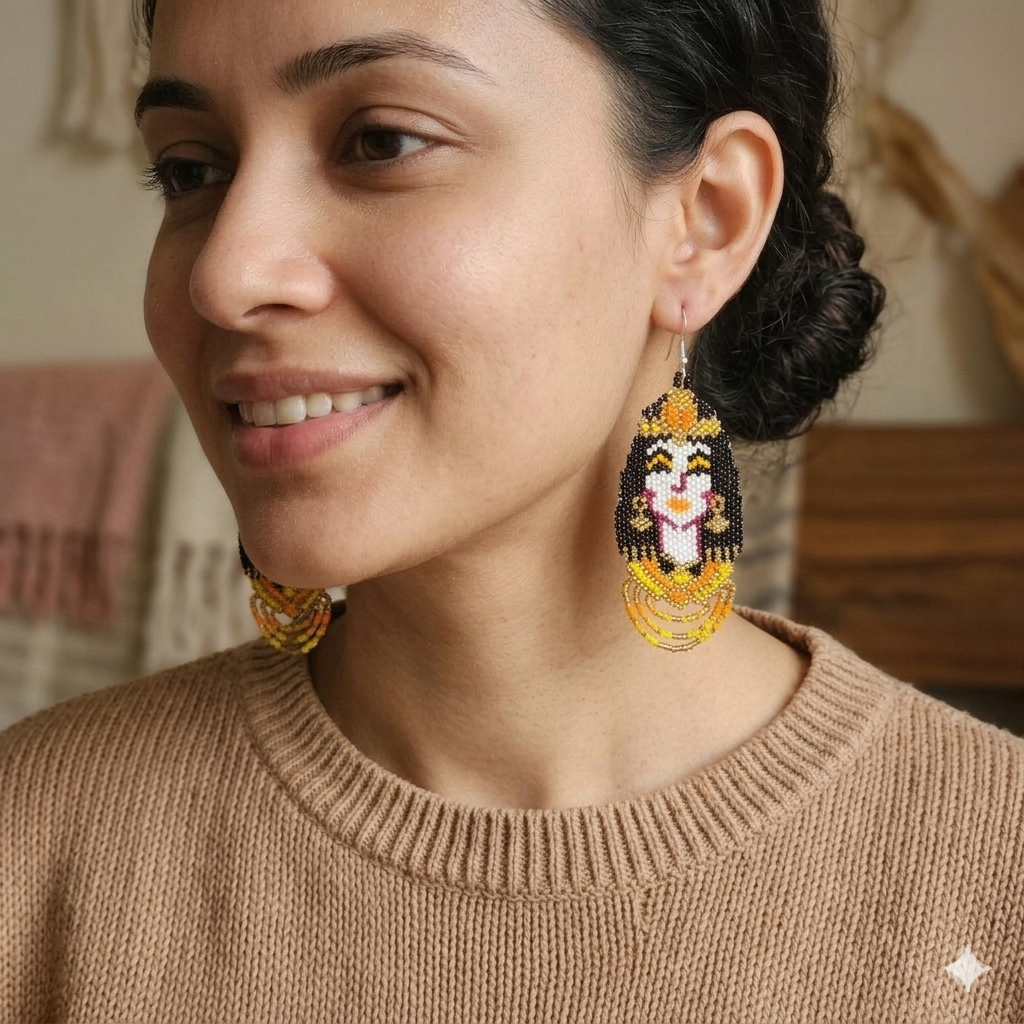Vue rapprochée des boucles d'oreilles en perles sur un mannequin, montrant la finesse du tissage artisanal et l'éclat des couleurs chaudes du design de visage.