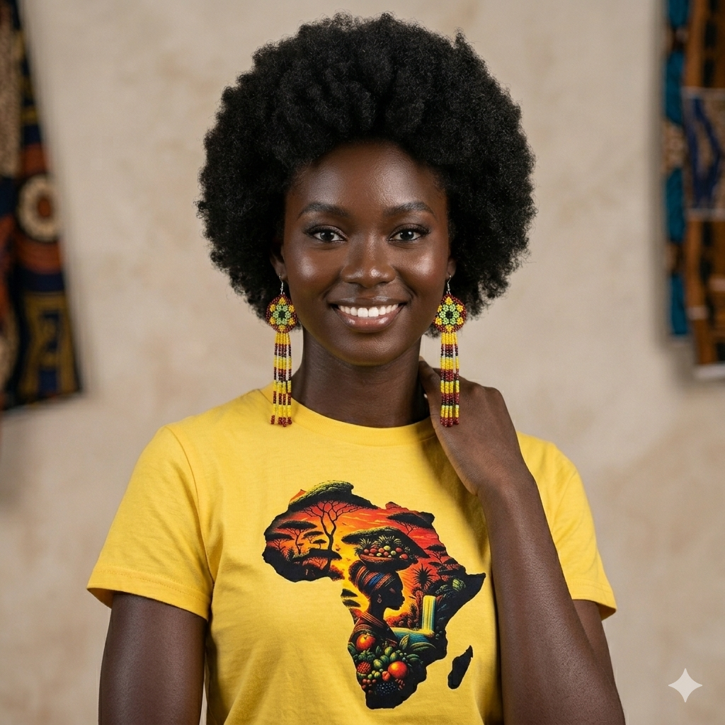 Tenue assortie : T-shirt jaune avec carte de l'Afrique et boucles d'oreilles artisanales en perles Huichol, mode africaine contemporaine."