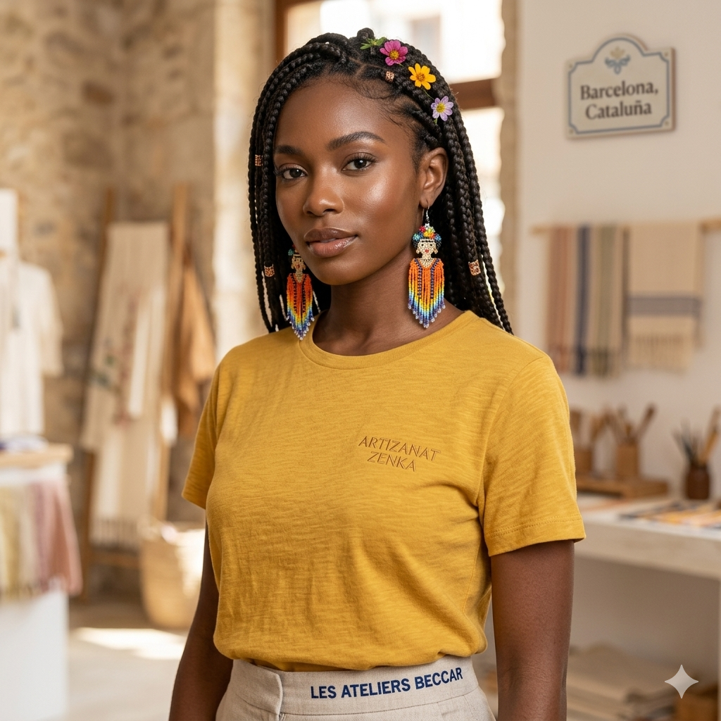 Mannequin femme noire portant un top jaune Artisanat Zenka et les boucles d'oreilles Frida en perles dans un atelier de création à Guadalajara au Mexique