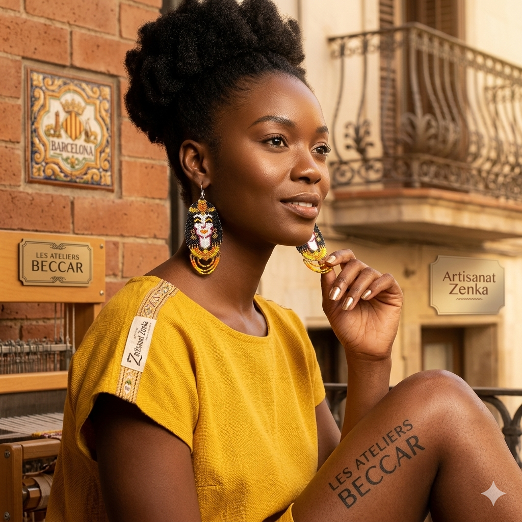 Mannequin femme noire portant les boucles d'oreilles Artisanat Zenka et un haut jaune, posant à Barcelone pour une collaboration avec Les Ateliers Groupe BECCAR.