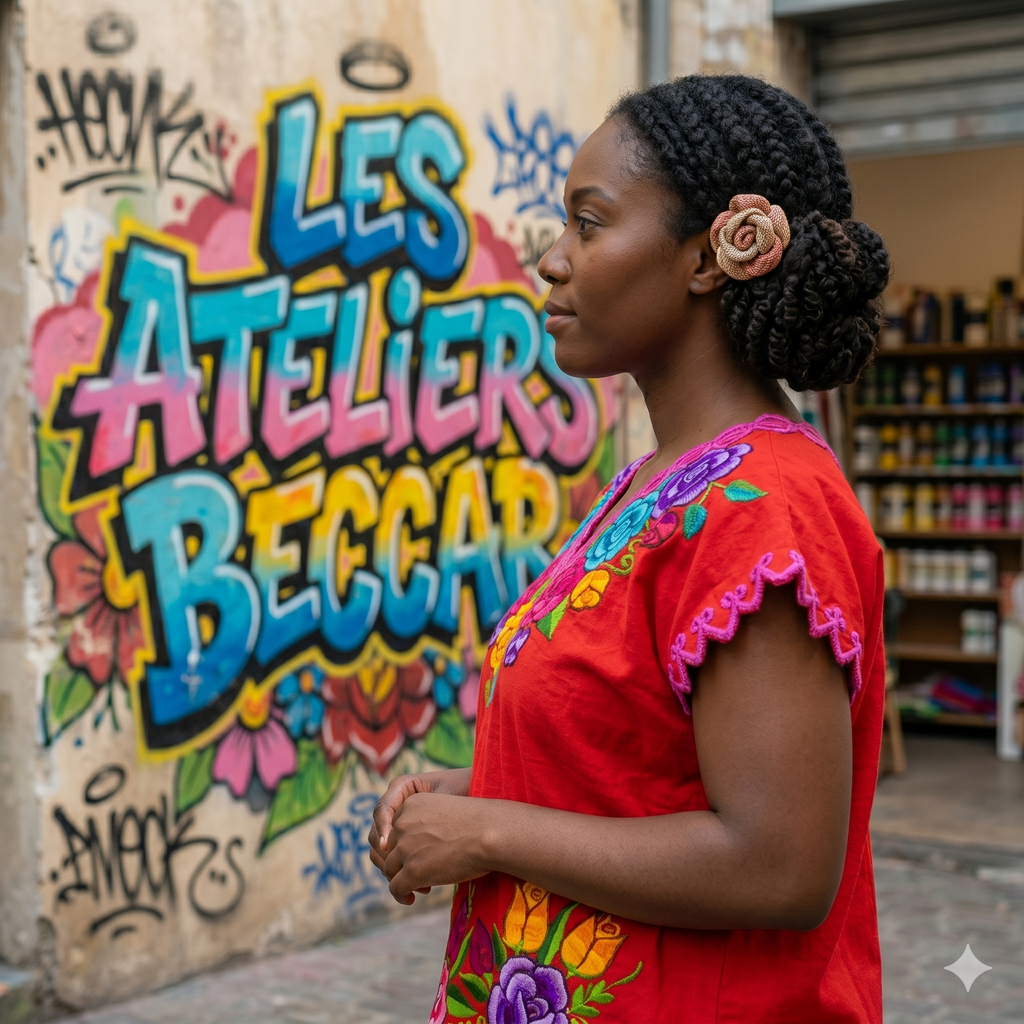 Femme et beauté de profil portant une robe rouge brodée, regardant un graffiti coloré indiquant "Les Ateliers Beccar".