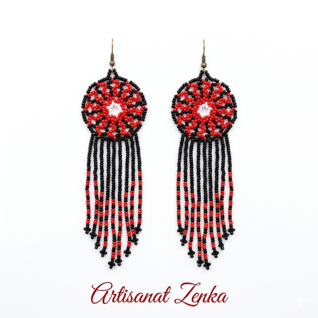 Paire de boucles d'oreilles artisanales Artisanat Zenka en perles rouges, noires et blanches avec médaillon central et longues franges perlées sur fond blanc.