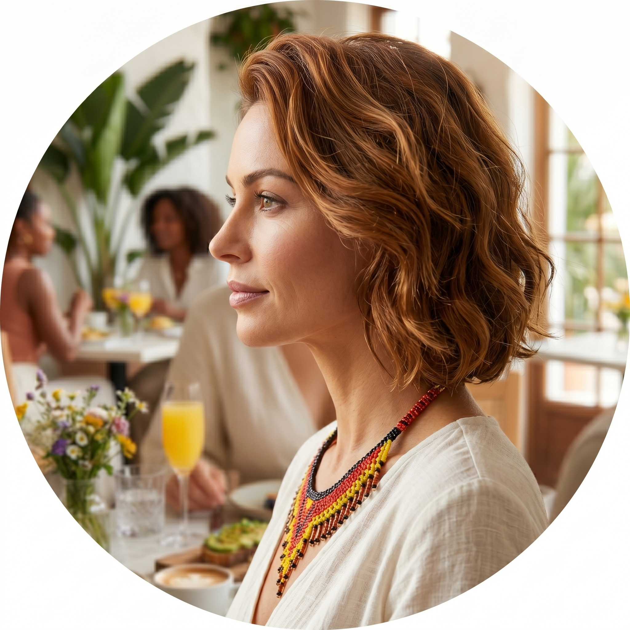 Vue de profil d'une femme portant un collier de luxe artisanal des Ateliers Groupe Beccar, soulignant le port de tête et l'éclat des couleurs.
