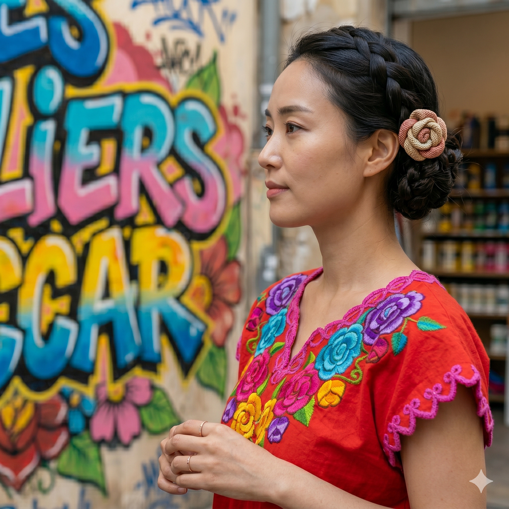 Gros plan d'une femme avec une coiffure tressée, portant une robe rouge aux broderies florales vives, devant un mur de street art