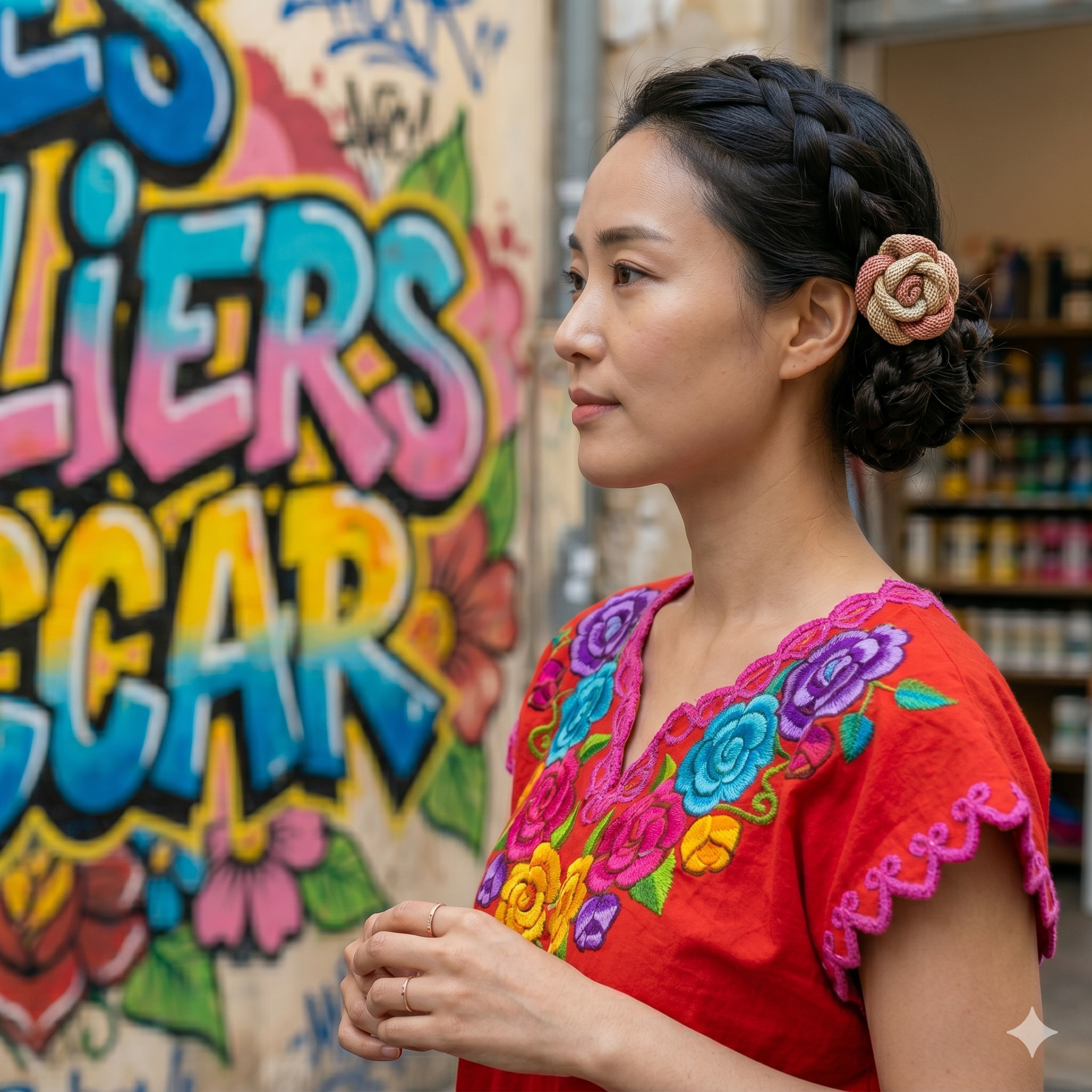 Gros plan d'une femme avec une coiffure tressée, portant une robe rouge aux broderies florales vives, devant un mur de street art