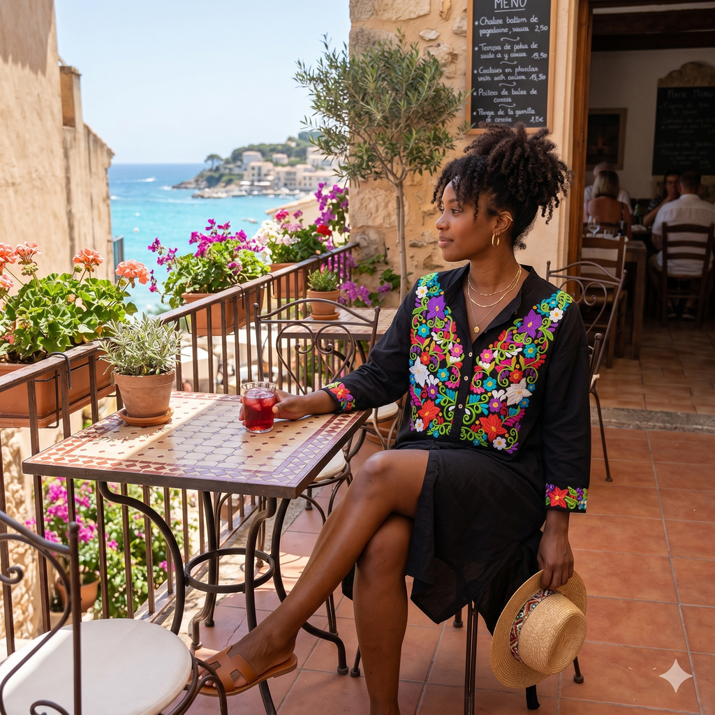 "Femme  élégante portant la robe tunique brodée BECCAR, assise à la terrasse d'un restaurant en bord de mer en été, style bohème chic et artisanal."