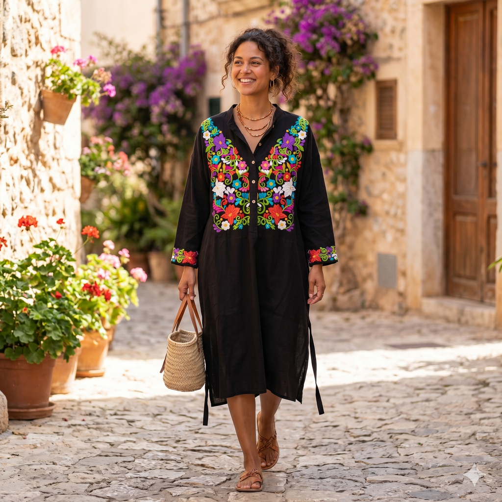 "Femme portant une robe tunique noire artisanale avec de riches broderies florales colorées sur le buste et les manches, marchant dans une rue ensoleillée au style méditerranéen, marque BECCAR."