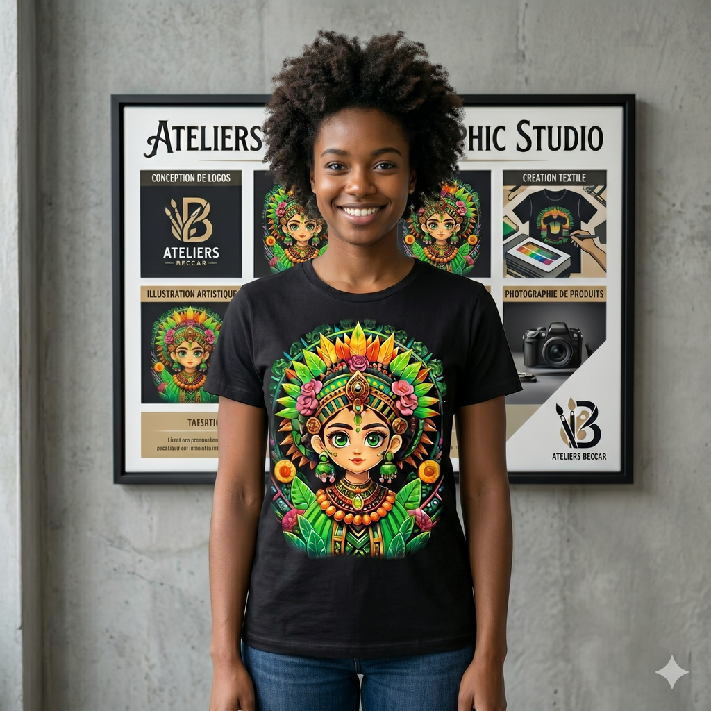 Femme noire portant fièrement la création des Ateliers Beccar dans un environnement de studio d'art, t-shirt noir arborant une illustration féminine aux couleurs vives (vert, or, rose).