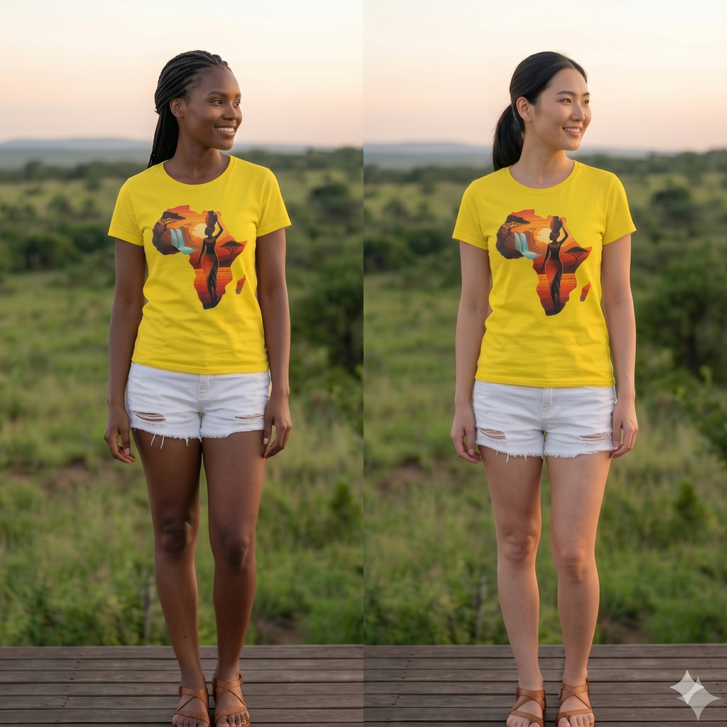 Duo de modèles portant le t-shirt jaune motif Afrique – Illustration culturelle et artistique – Mode féminine universelle et inclusive.