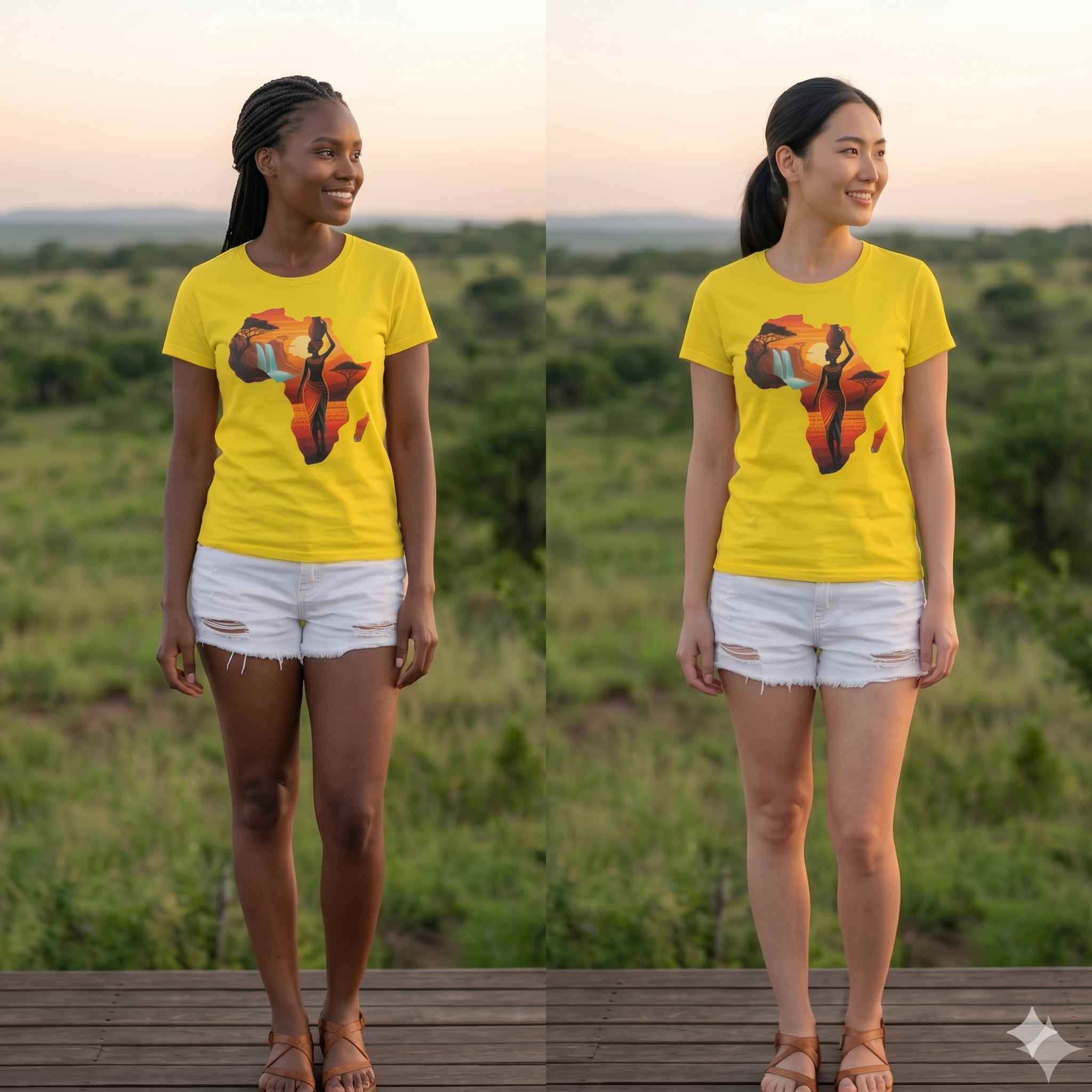 Duo de modèles portant le t-shirt jaune motif Afrique – Illustration culturelle et artistique – Mode féminine universelle et inclusive.