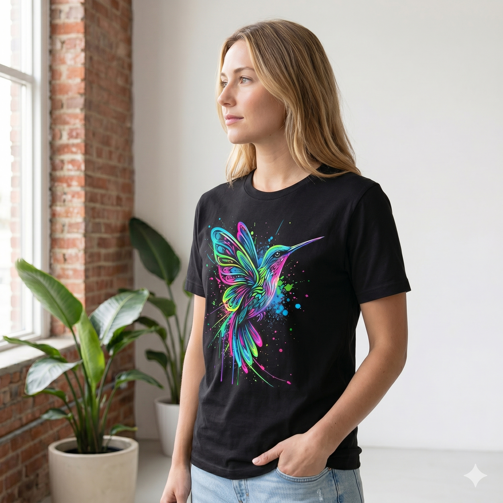 Portrait de profil d'une femme portant le t-shirt colibri aux couleurs électriques, mode éthique et artistique.