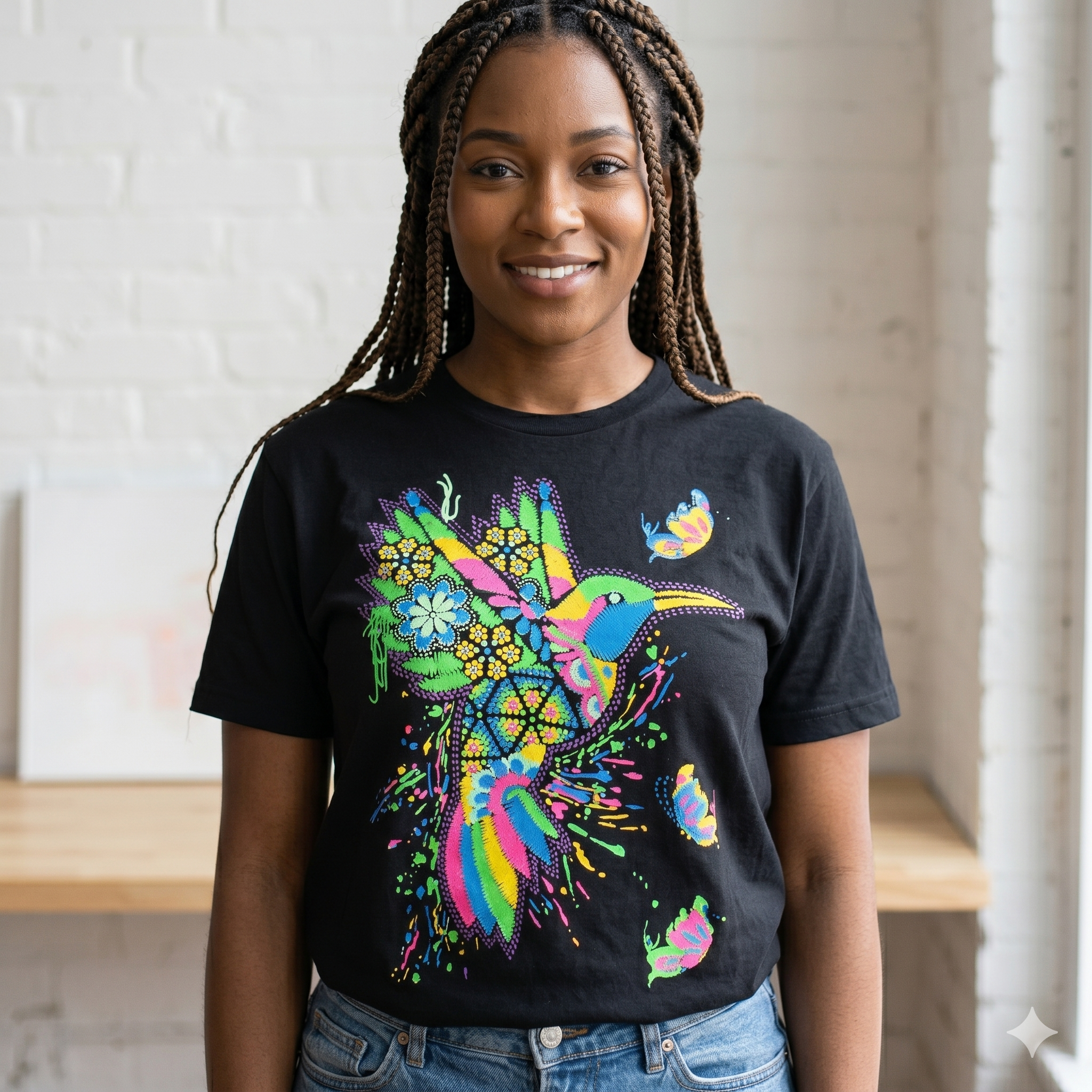 Belle femme souriante avec de longues tresses portant le t-shirt artistique colibri aux couleurs éclatantes. Le design néon ressort parfaitement sur le textile noir de haute qualité.