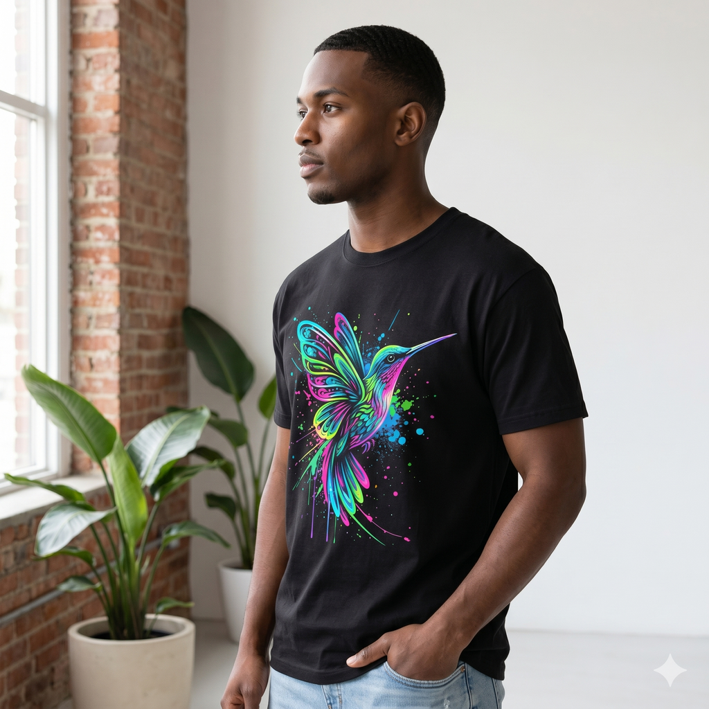 Vue de profil d'un t-shirt unisexe noir avec impression colibri vibrant, porté par un homme dans un intérieur lumineux.