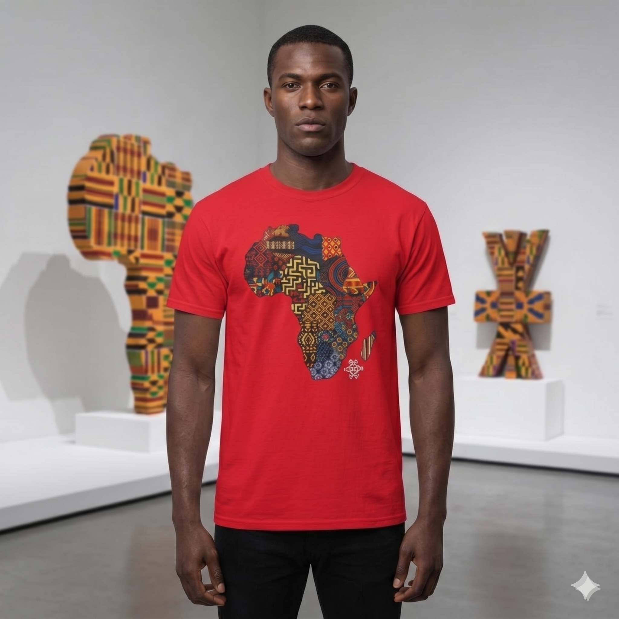 T-shirt unisexe rouge "Héritage d'Afrique" porté par un homme dans une galerie d'art, design carte patchwork ethnique.