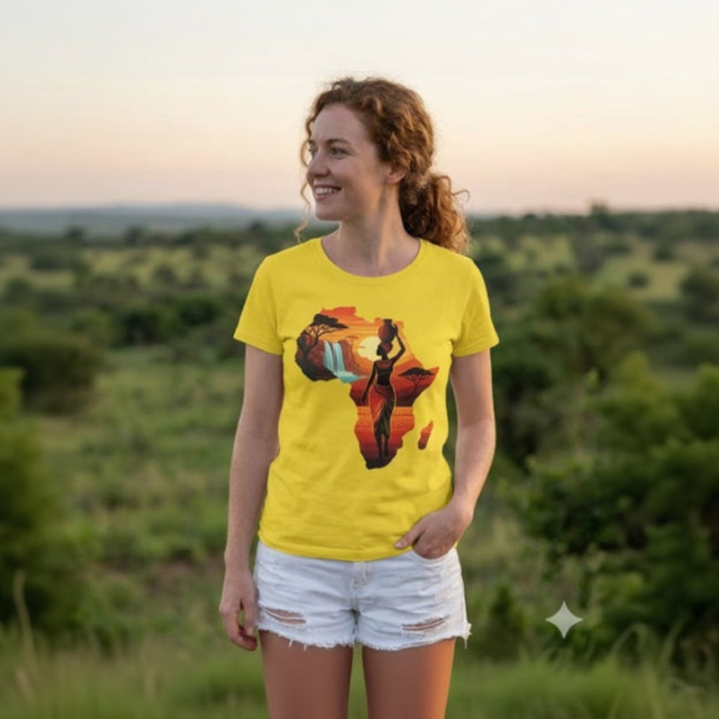 T-shirt femme jaune avec illustration silhouette Afrique et paysage de savane au coucher du soleil – Coton premium – Look décontracté chic