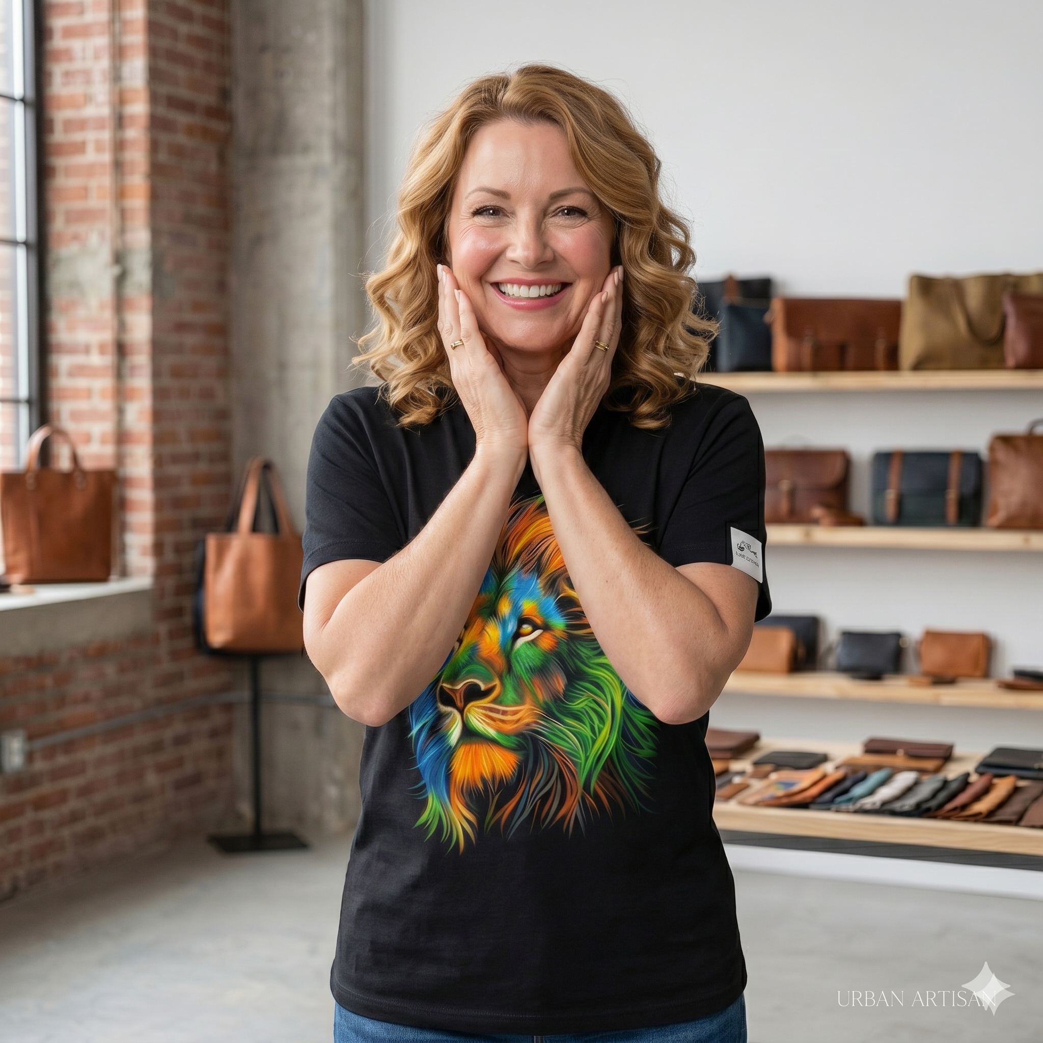 Portrait d'une femme  souriante avec les mains sur le visage, portant le t-shirt lion multicolore unisexe, style élégant et décontracté.