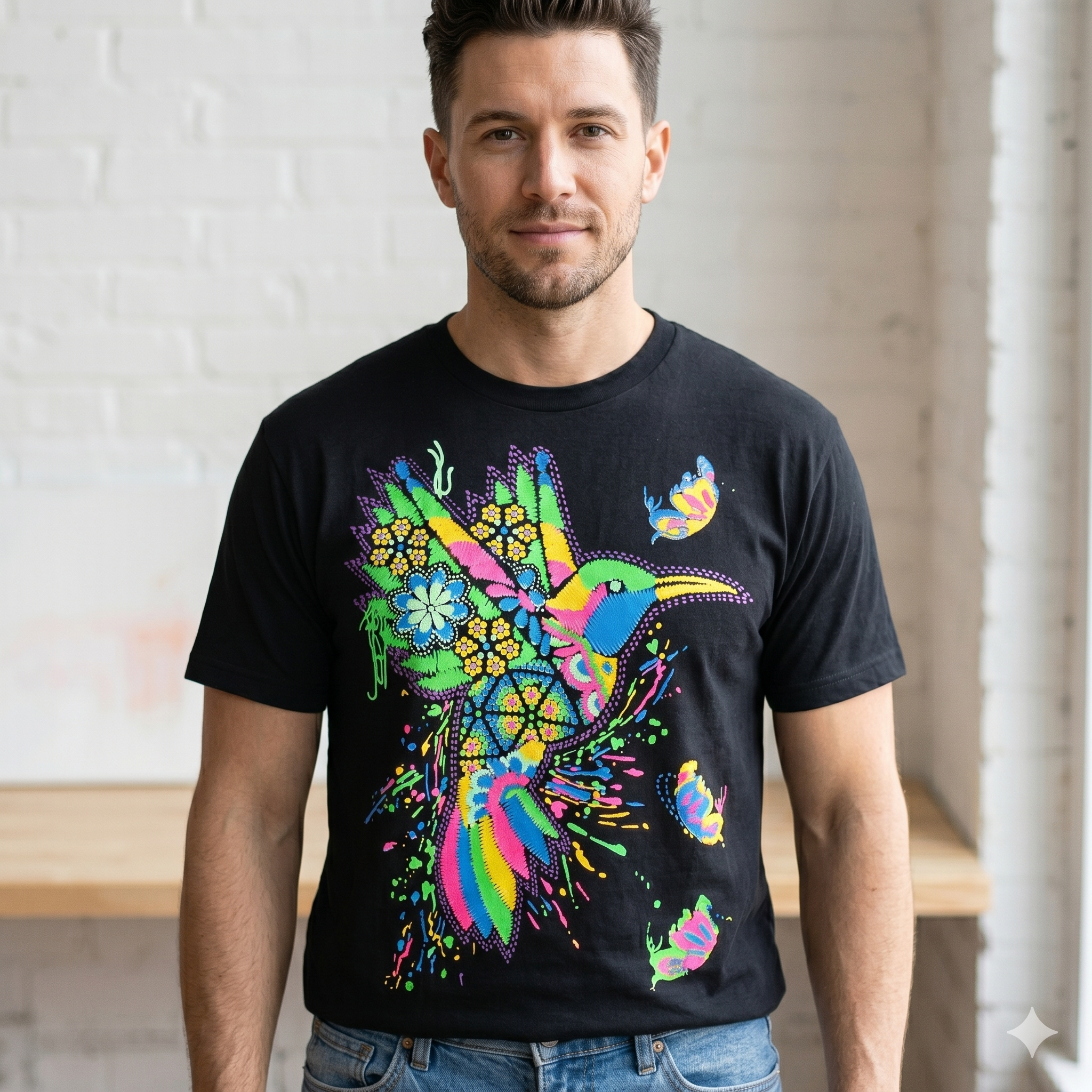 Mannequin homme portant le t-shirt unisexe à motif colibri artistique néon et fleurs, coupe moderne ajustée sur un jean bleu, idéal pour un look streetwear coloré.
