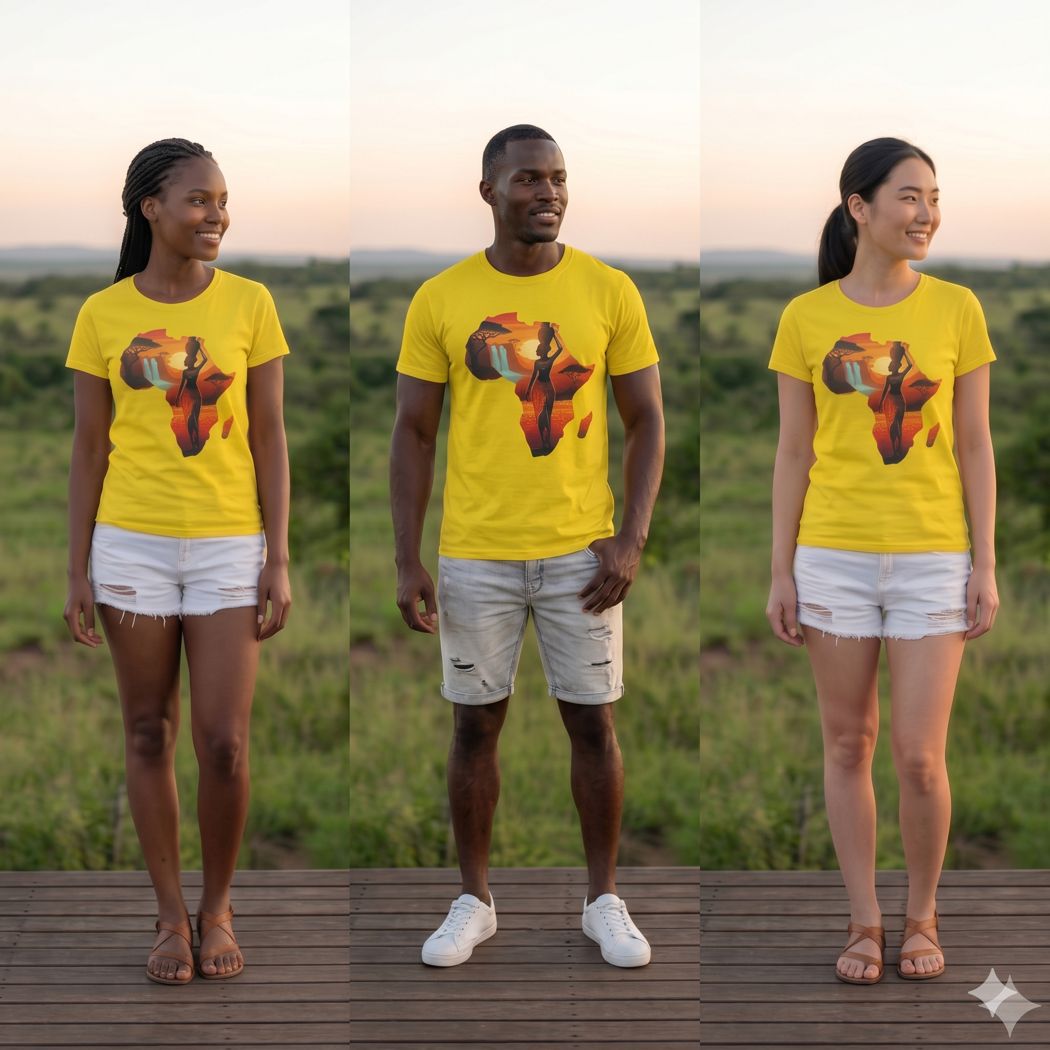 T-shirt unisexe Héritage Afrique jaune solaire porté par un groupe multiculturel – Coupe droite inclusive pour homme et femme – Les Ateliers Groupe BECCAR.