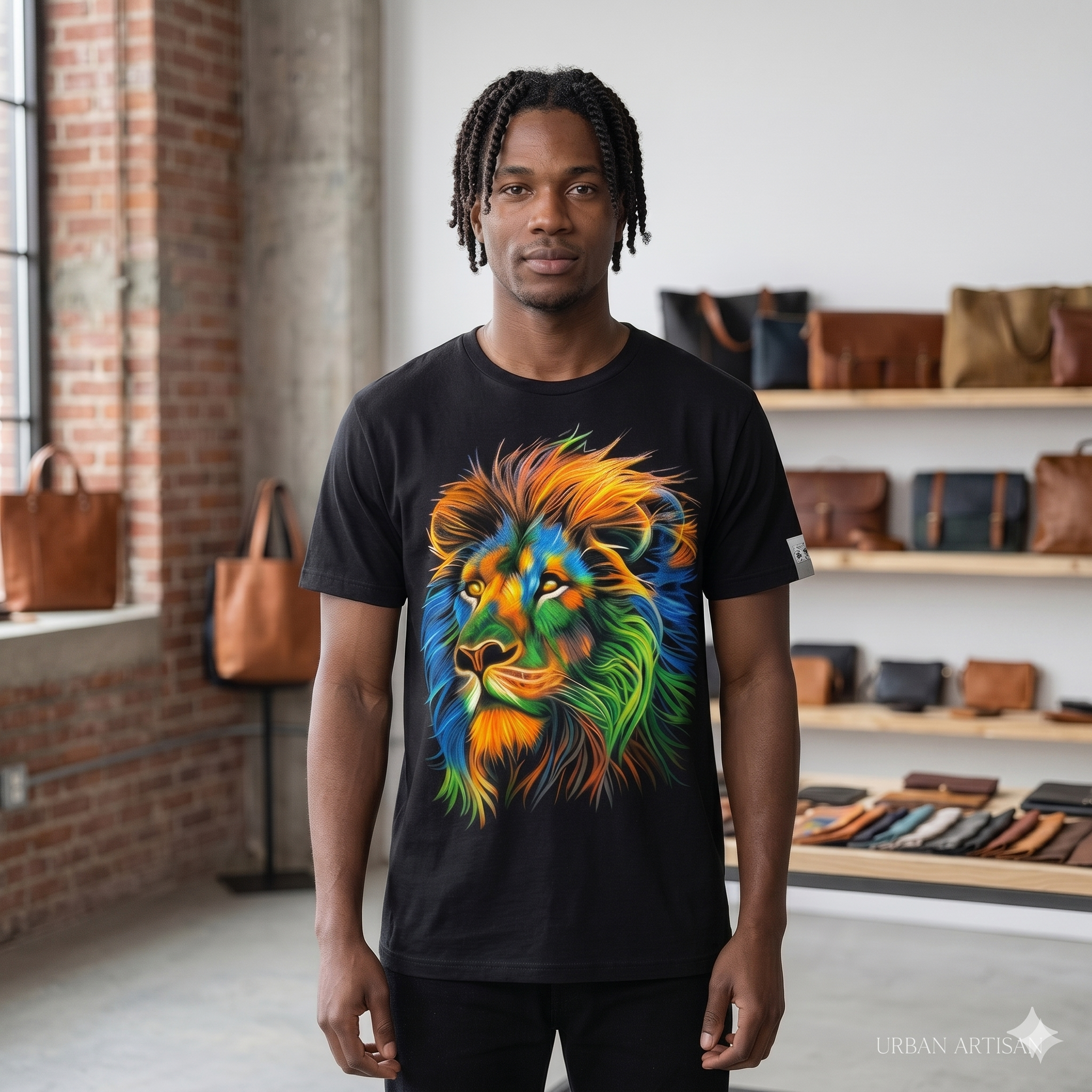 Un mannequin homme noir portant un t-shirt  premium avec un graphisme de tête de lion artistique aux couleurs vives (bleu, vert, orange) dans un atelier de mode.