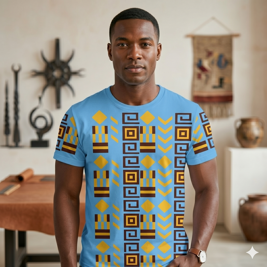 Homme  portant le t-shirt unisexe Beccar avec imprimés géométriques, look décontracté et élégant, design inspiré de l'artisanat.
