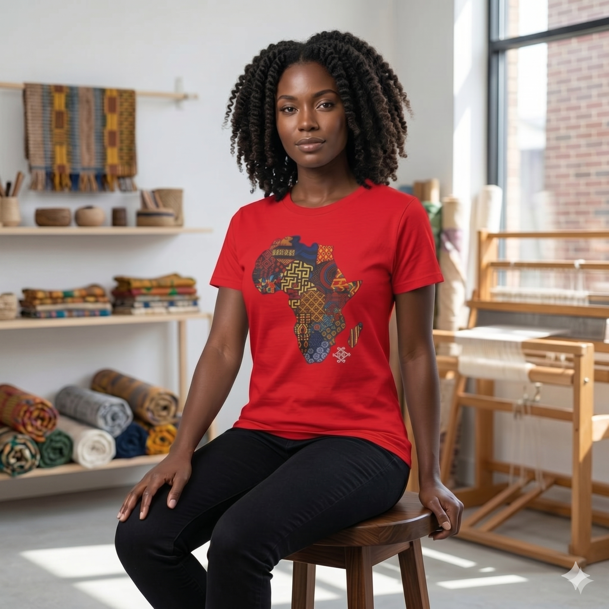 T-shirt rouge "Héritage d'Afrique" pour femme, motif textile traditionnel, ambiance atelier de création et artisanat.