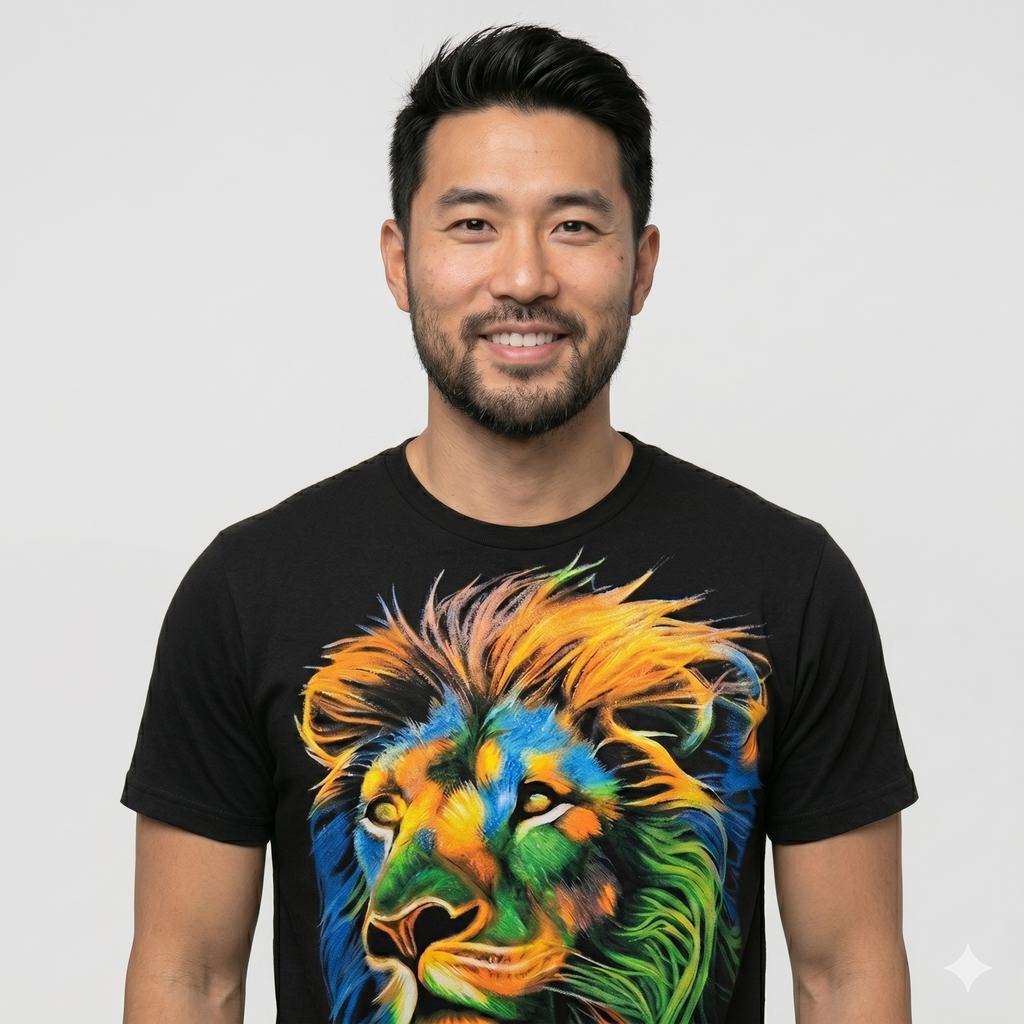 Portrait de face d'un homme souriant portant le t-shirt unisexe au graphisme de lion arc-en-ciel, idéal pour un look streetwear moderne