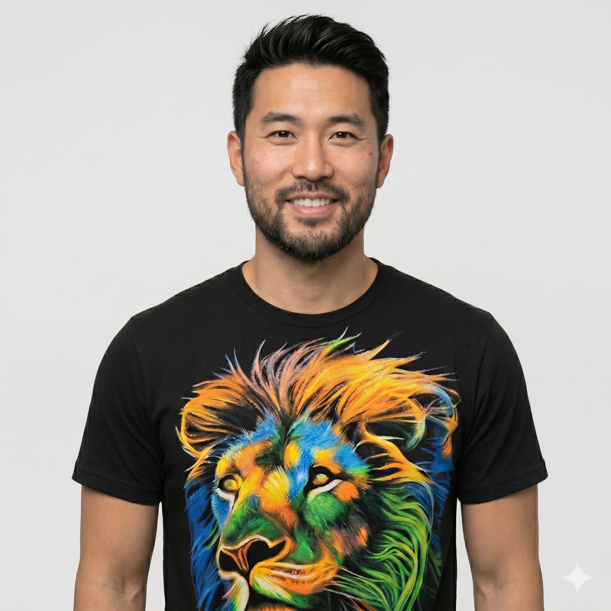 Portrait de face d'un homme souriant portant le t-shirt unisexe au graphisme de lion arc-en-ciel, idéal pour un look streetwear moderne