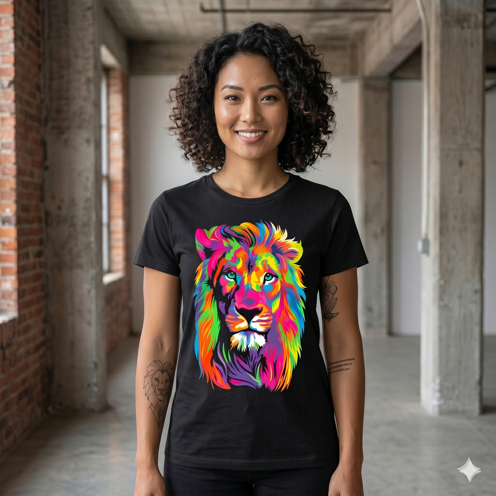 eune femme avec t-shirt noir à motif lion multicolore, design artistique exclusif pour un look décontracté et original