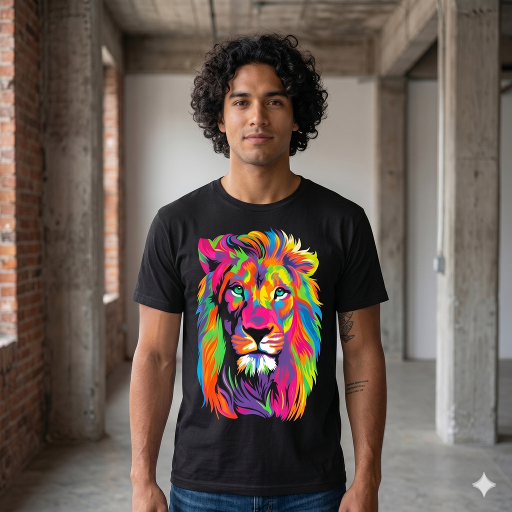 Mannequin homme portant le t-shirt unisexe noir avec motif tête de lion coloré style pop art, coupe moderne dans un décor industriel.