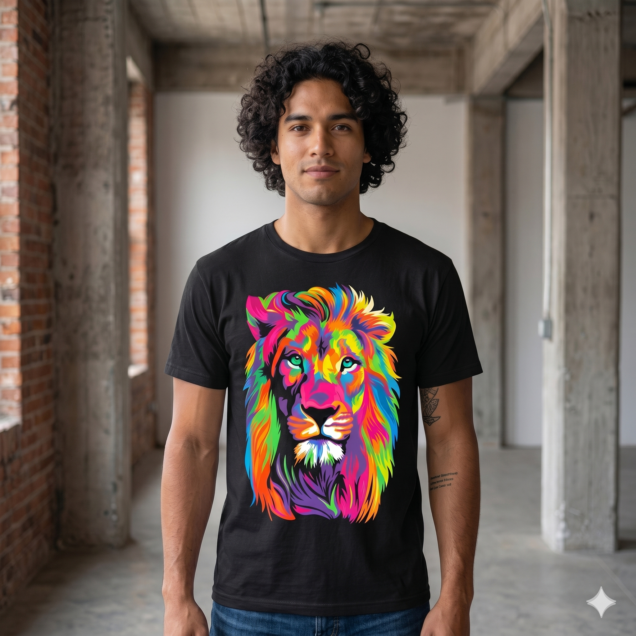 Mannequin homme portant le t-shirt unisexe noir avec motif tête de lion coloré style pop art, coupe moderne dans un décor industriel.