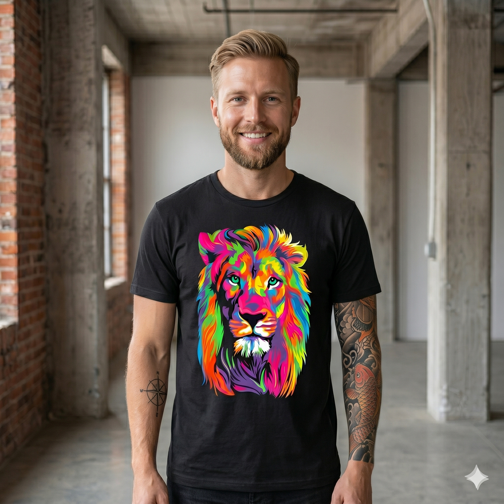 Homme  portant le t-shirt lion pop art noir, mettant en avant le style streetwear et la qualité de l'impression graphique.