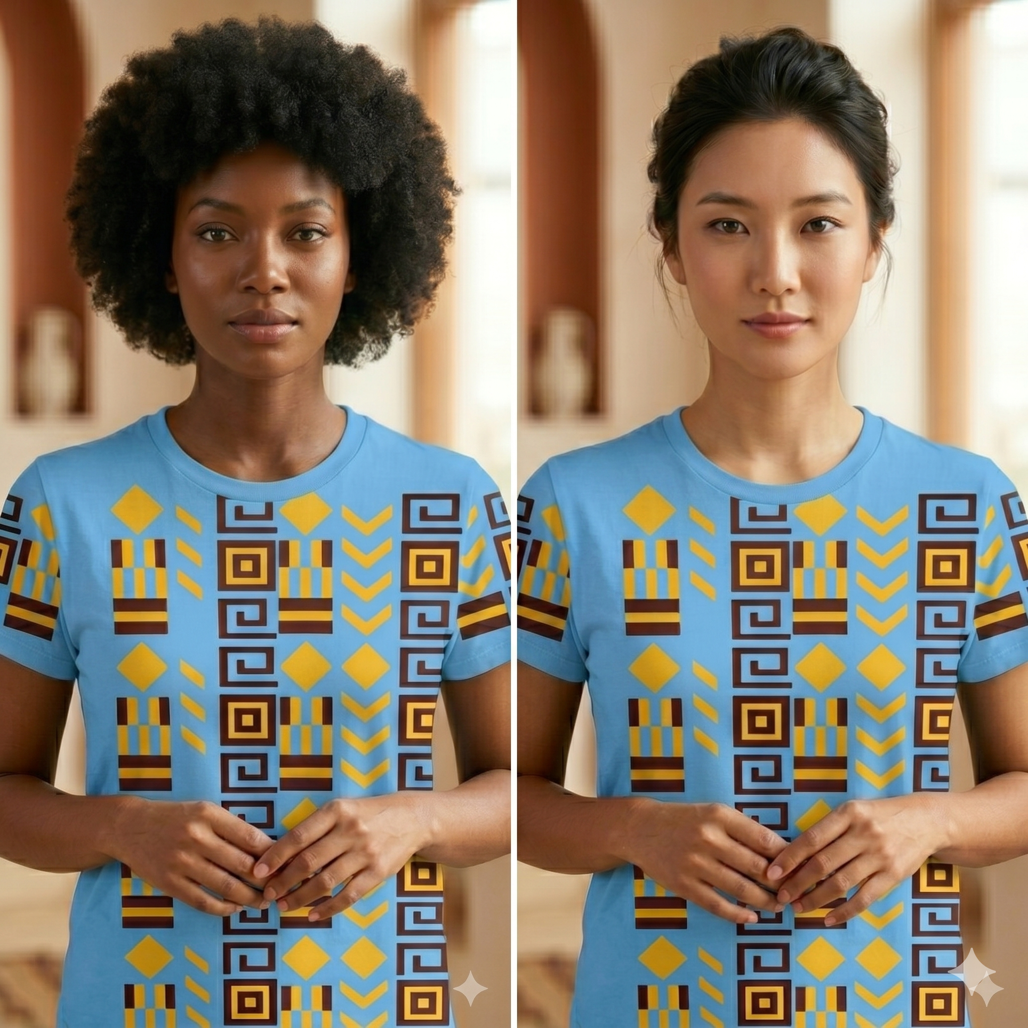 Jeunes femmes  présentant le t-shirt graphique bleu des Ateliers Beccar, motifs géométriques artistiques, mode inclusive et universelle.