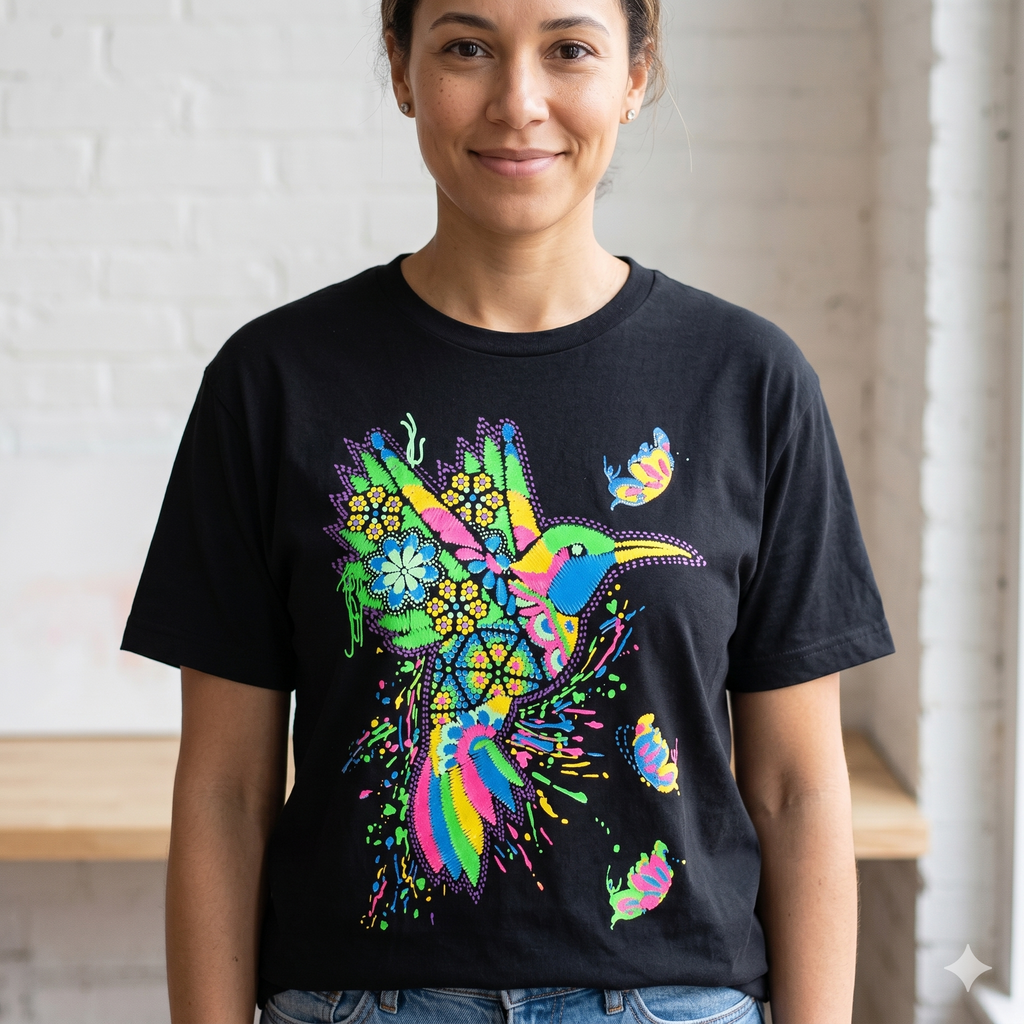 Portrait de face d'une femme souriante portant le t-shirt noir Les Ateliers Groupe BECCAR avec un motif graphique de colibri multicolore vibrant, dans un décor de studio lumineux.