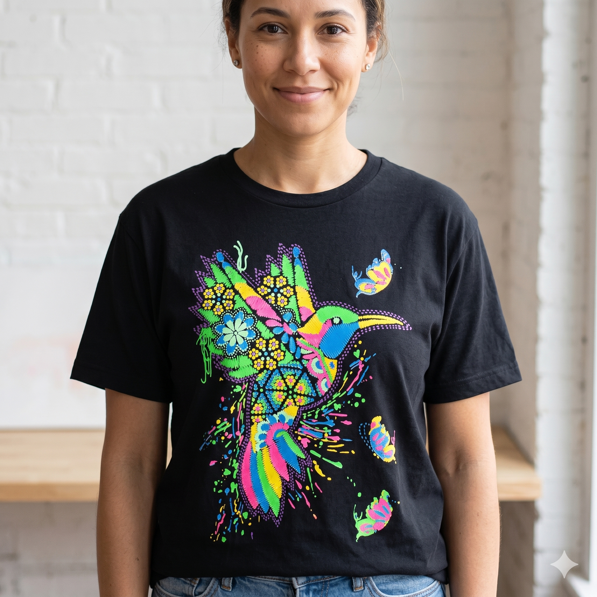Portrait de face d'une femme souriante portant le t-shirt noir Les Ateliers Groupe BECCAR avec un motif graphique de colibri multicolore vibrant, dans un décor de studio lumineux.