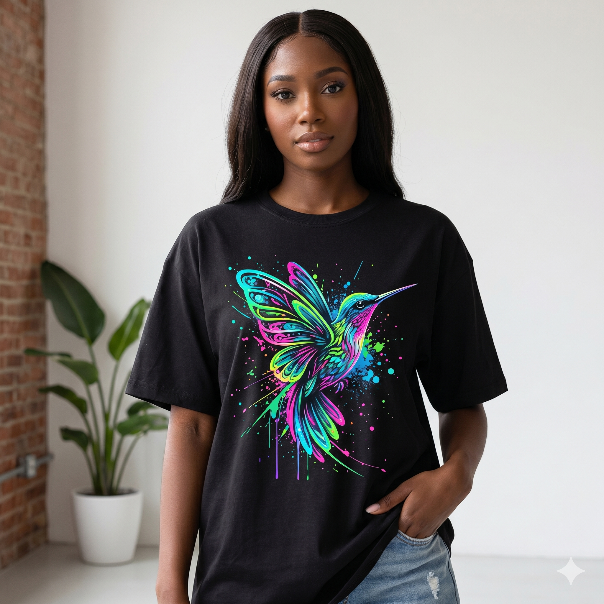 Mannequin femme portant le t-shirt noir unisexe avec motif colibri artistique multicolore, coupe moderne, devant un mur blanc.