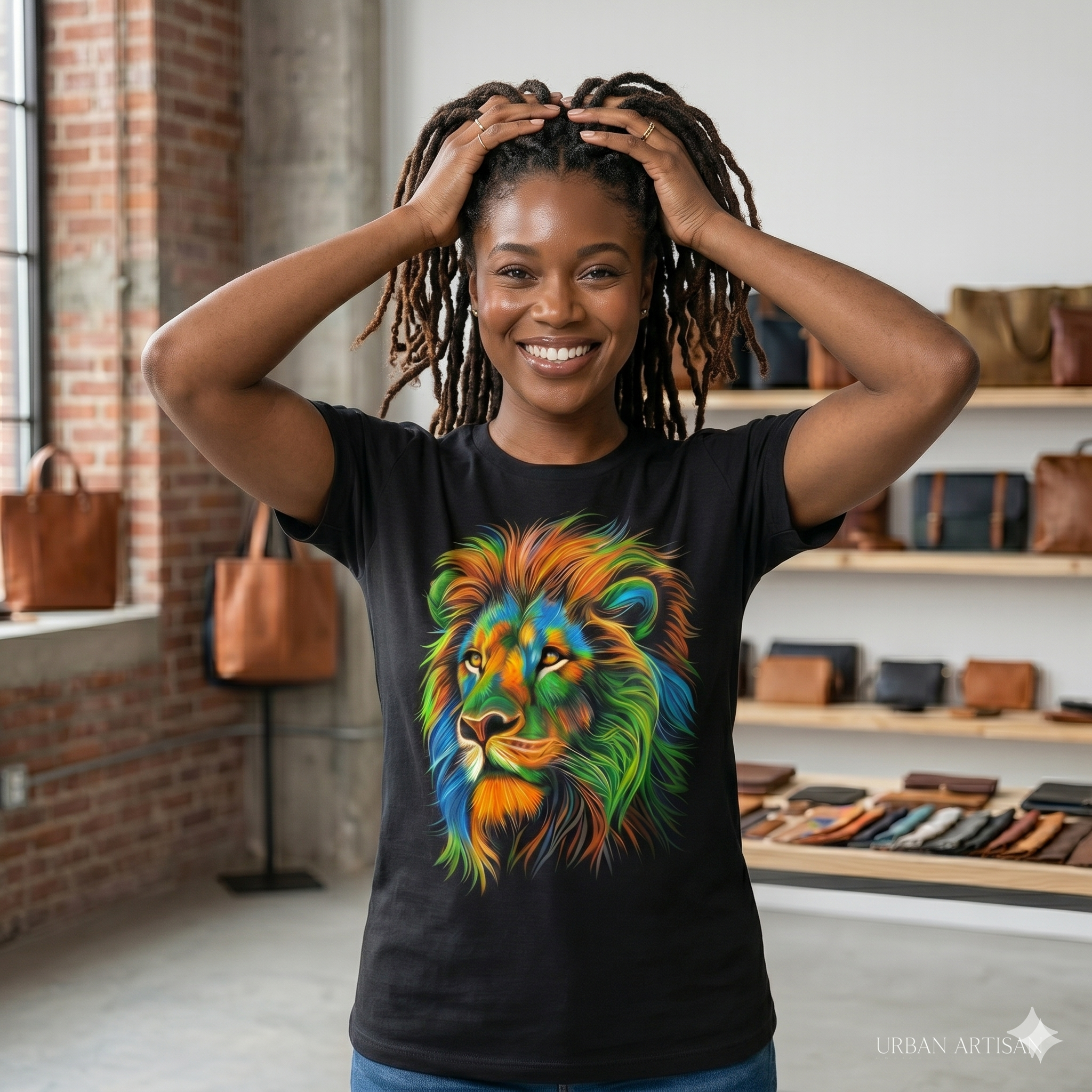 Femme noire avec des dreadlocks soulevant ses cheveux avec un sourire captivant, portant le t-shirt noir avec imprimé lion arty, format carré pour boutique e-commerce.