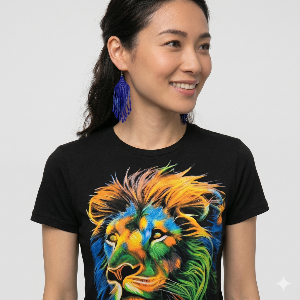 Gros plan d'une femme portant le t-shirt en coton noir avec impression lion aux couleurs feu et bleu, regardant vers la gauche