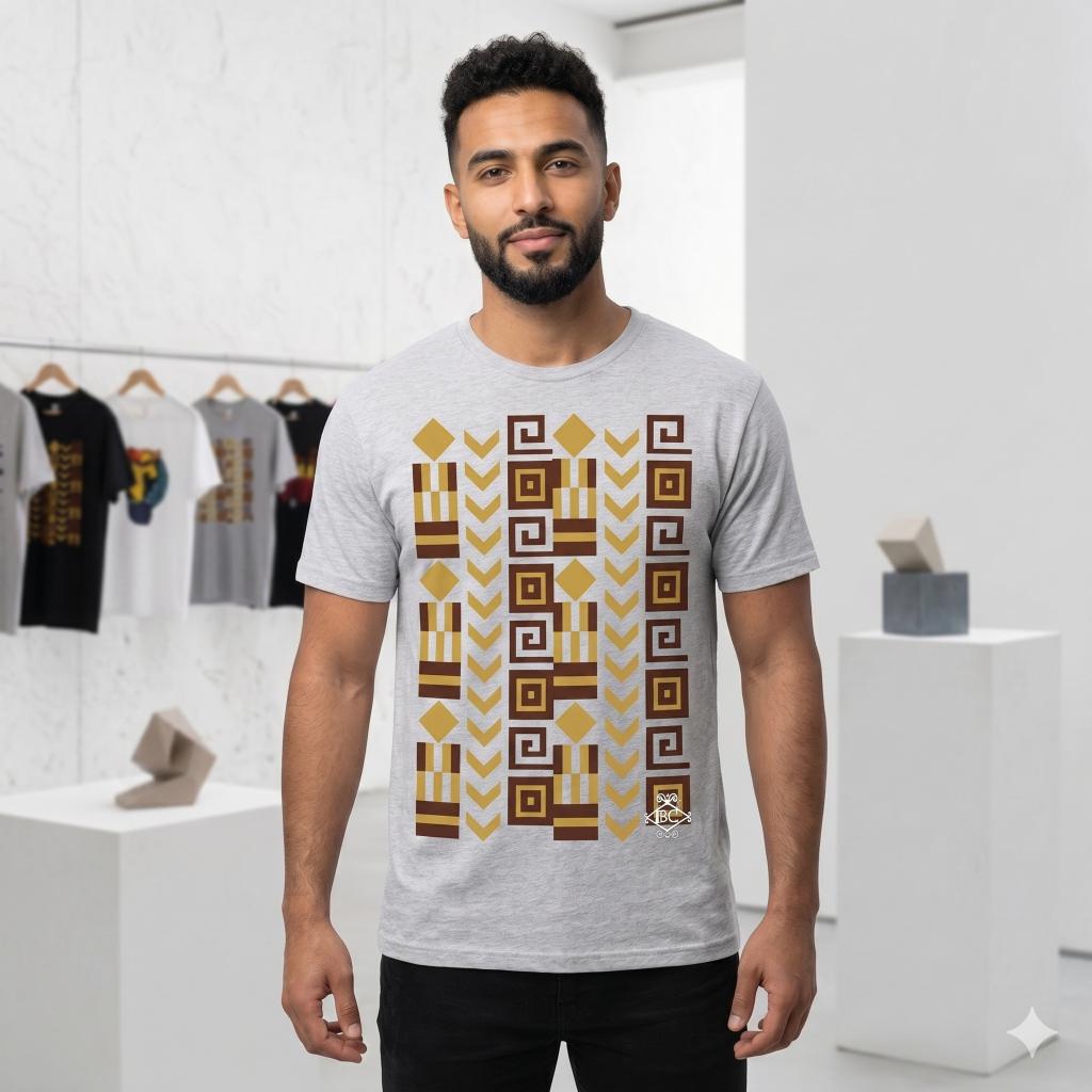 Homme portant le T-shirt Unisexe Gris Chiné à motif géométrique ethnique chic, création artisanale Les Ateliers Beccar